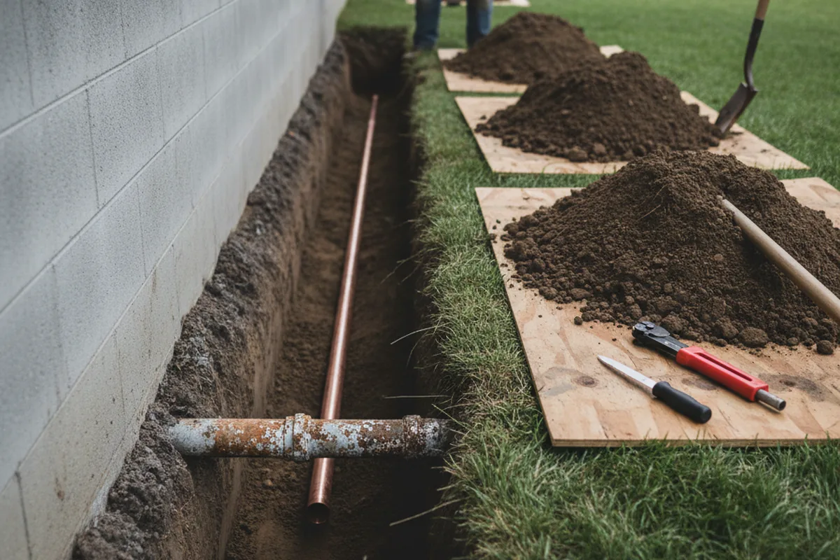 Excavated water line trench during Water Heater Repair in Deale